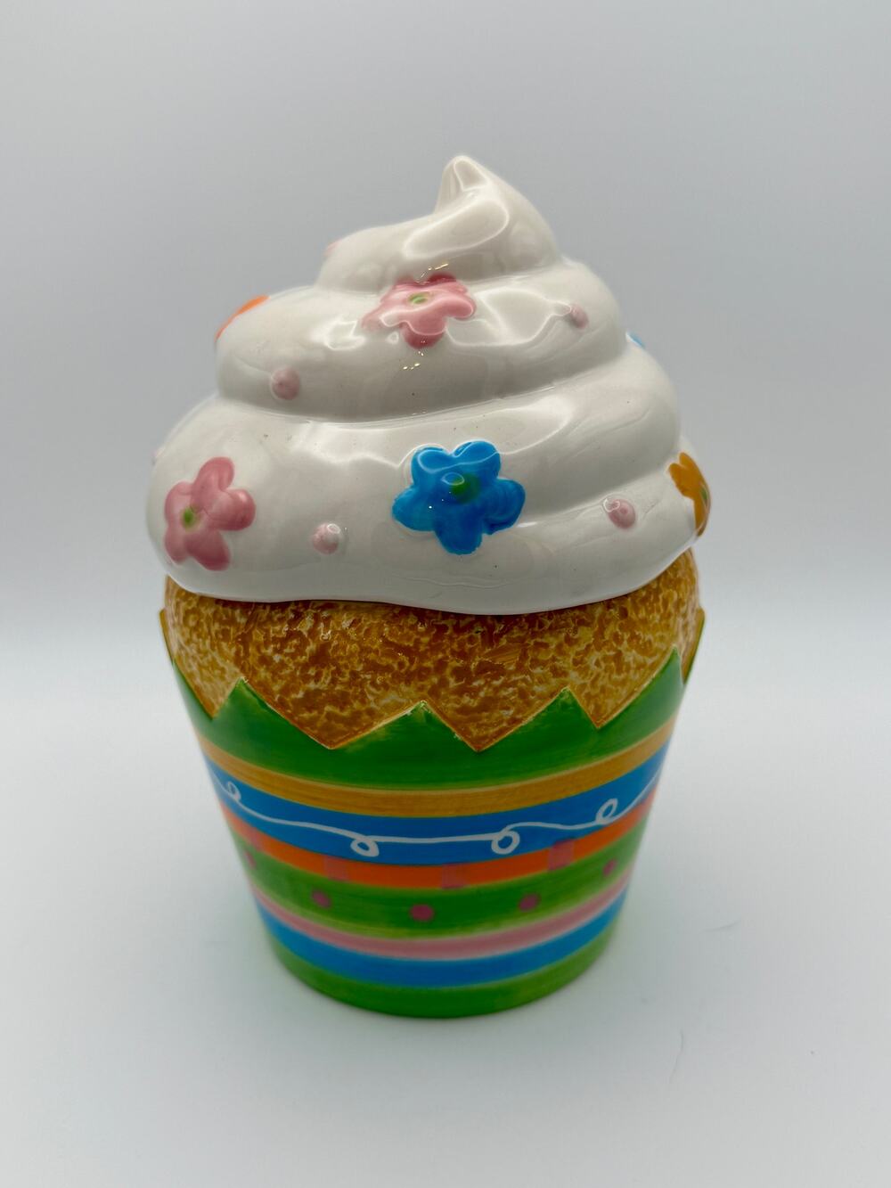 David's Cookies Cupcake Cookie Jar 7" Spring with Flower Sprinkles Ceramic VTG